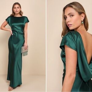 LULU's Elegant Sophisticated Sexy Chic Satin Modest Cowl Back Satin Maxi Dress